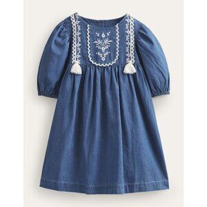 Mini Boden Embroidered Woven Dress Bluue size  3 4